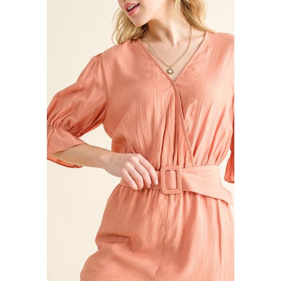 And The Why Half Flounce Sleeves Belt Detail V-Neck Summer Romper | Dusty Clay - Picture 7 of 7